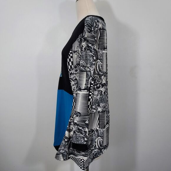 Caleooa Shirt Top Size XL Asymmetrical Hem Stretch Artsy Mixed Print Long Sleeve - Picture 4 of 11